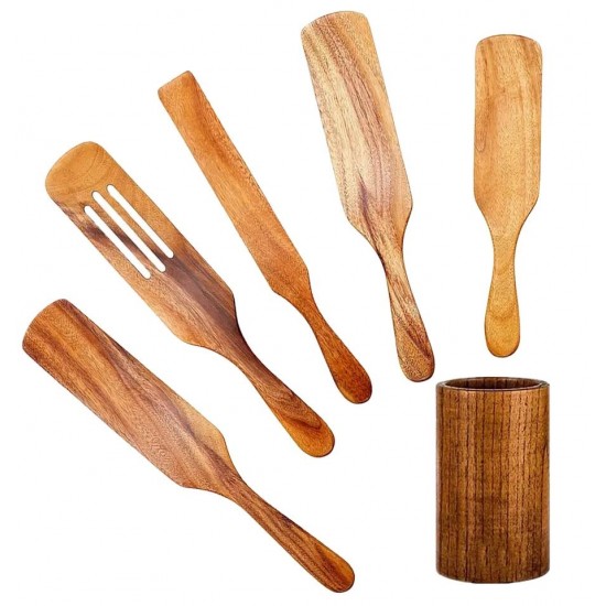 Natural Teak Wood 4-Piece Kitchen Utensil Set with Precision Crafted Spatula