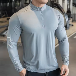 Hot Breathable Quick Dry Casual Sports Long Sleeve T Shirt mens Mock Neck Blank Solid Half Zip Gym Fitness men's Long Sleeve Top