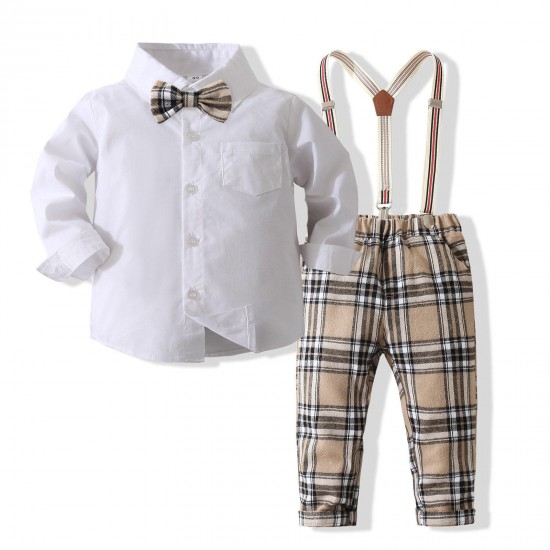 Spring And Autumn Children's Clothing New Children Solid Color Shirt Plaid Suspenders Handsome Boy 2 Sets