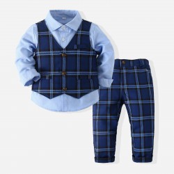 Winter Cotton Toddler Boys Plaid Suit Set - 3pc Slim Fit Party Outfit for Baby Boys