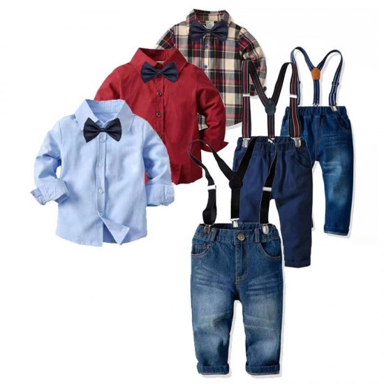 Boy Set Clothes For Spring Autumn Boy Suit Set Long Sleeve Plaid Shirt + Jeans +Suspender 3Pcs Clothes Set Boy 2 3 4 5 6 Years