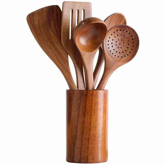 Hot Trending High Quality Teak Wood Kitchen Utensils 5PCS Modern Convenient Kitchen Accessories Set Engraved