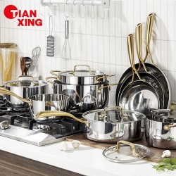 TIANXING Luxury Kitchen Cookware Sets Triply Stainless Steel Gold Handle Casserole Induction Bottom Cooking Pot Set