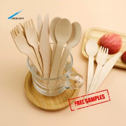 Free Samples Wholesale Custom LOGO 100% biodegradable Disposable Wooden Kitchen Spoon Knife Set Fork Cutlery