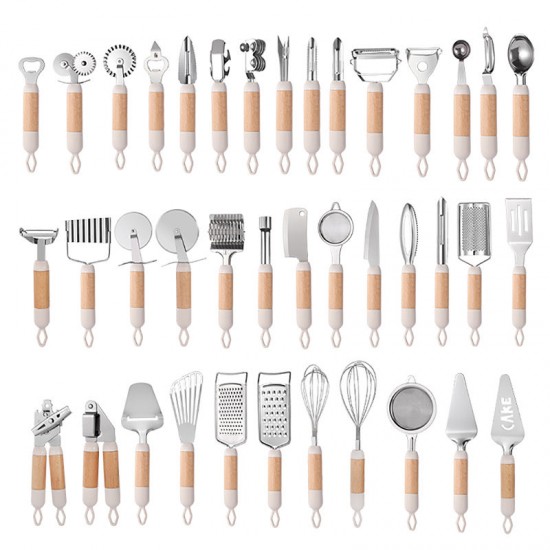 39pcs Hot selling Mutli functional stainless steel kitchen utensils set home cooking tools kitchen gadgets set with beech wood