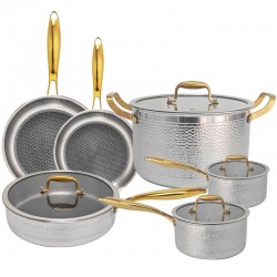 Wholesale and Retail 3Ply Hammered Stainless Steel Pot and Pan Non-stick Honeycomb Pan10Pcs Gold Stainless Steel Cookware Set