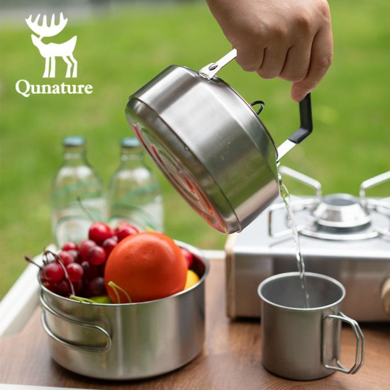 Qunature Portable Camp Cookware Set Teapot Picnic stainless steel Camping Set kettle soup Pot outdoor accessories