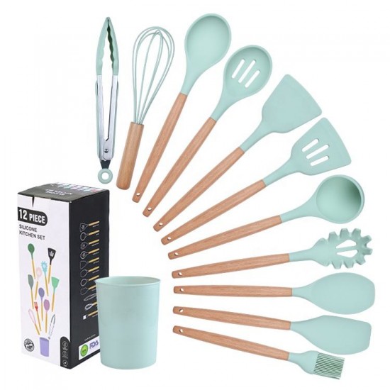 Wood Handle Silicone Kitchen Utensils Set with Wooden Spatula and Tongs