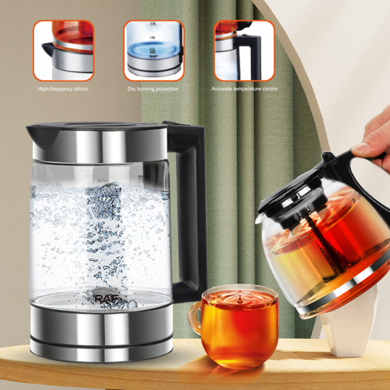 1.8l Wholesale Cordless Kitchen Appliances Electric Glass Teapot Kettle with glass infuser