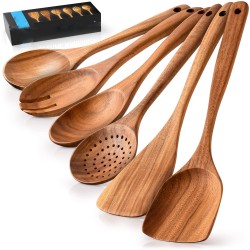 Wooden Cooking Utensils 6-Piece Teak Wooden Utensils For Cooking Bamboo Spoons Sets Soft Comfortable Grip Wooden Utensil Set