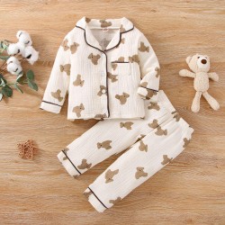 2024 Children's little bears printed cotton long sleeved pajamas muslin boys and girls baby single breasted trousers home clothe