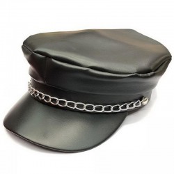 Deluxe Black Faux Leather Biker Chain Hat