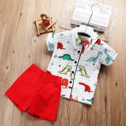 Summer Newborn Kid Formal Gentleman Clothes Suits Toddler Baby Boy's Casual Dinosaur Print Short Sleeve Bow Tie Shirt+Shorts