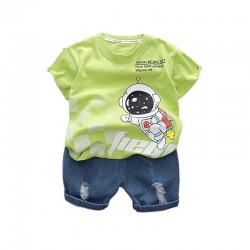 Summer boys clothes round neck astronaut printed short sleeved boys denim cotton two-piece set baby clothes