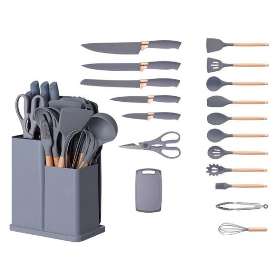 Popular Silicone 19pcs Kitchen Utensil Set Kitchen utensil with holder Wooden Handle Color Box Package Ready to Ship Stocked