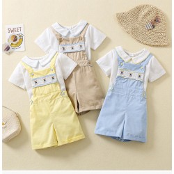 2023 summer infant baby boy gentle shirt with jumpsuit embroidery smocked clothing for children kids wedding clothes s08AS200