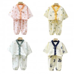 Summer children light double cotton long sleeved trousers home dress cute boys and girls clothing set