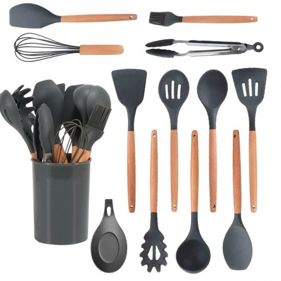 12Pcs Cooking Kitchen Tools Utensils Cookware Full Set Of Kitchen Utensil Silicone Set With Wooden Handle