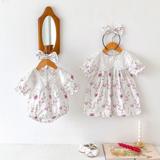 Summer Baby Clothes Sweet Girls Lace Lapel Dress Printed Flower Bubble Sleeve Newborn Romper Sisters