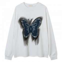 Butterfly Patch Tassel Design Long-Sleeved Pullover T-Shirt for Men Women Oversized Loose Couple Casual Style Autumn Base Layer