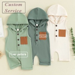 Hooded Summer Rolled Hem Outfits Custom Baby Tank Top Romper Hoodie Playsuit Children Sleeveless Henley Pocket Onesie