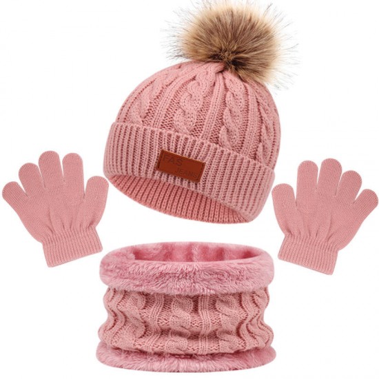 Kids Winter Hat Gloves Scarf Set Girls Toddler Children Hats Beanie With Pom Knit Neck Warmer Gaiter Mittens Fleece Lined Set