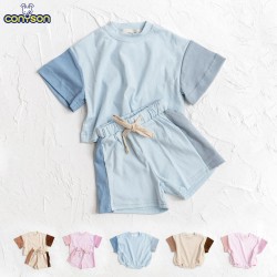 Conyson RTS Summer Toddler Girls Cotton Short Sleeve Top+Shorts Set Boys Shortsleeve Tee Outfits Set Kids Stitching Color Cloth