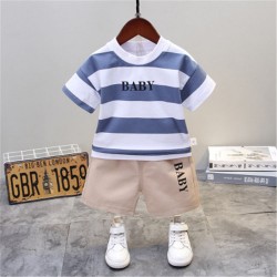 Summer cotton striped round neck casual boy short sleeve suit baby cloths set