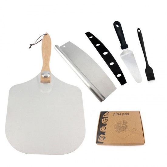 Kitchen Accessories Wooden Handle Aluminum Pizza Peel Shovel Set With Rocker Cutter Spatula Brush