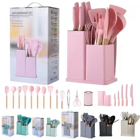 Hot selling non stick heat resistance 19 PCS silicone cooking tools silicone kitchen utensils set with wood handle