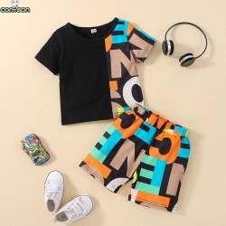 Conyson Summer Infant Baby Kids Casual Letter Printing T-shirt patchwork Shorts clothing wholesale Wear 2 Pieces boy Clothes Set