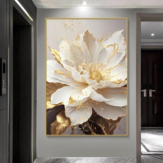 Modern Abstract White Flower Oil Painting with Gold Leaf Original Hand-Made Canvas Art for Luxury Living Room Home Decoration