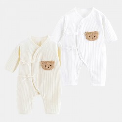 Wholesale newborn snap button lace-up cute bear design solid color striped 100% cotton long sleeve baby romper