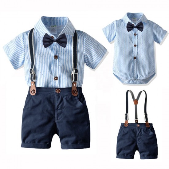 Boy's Summer Shirt Suit Children Romper Style Bow Tie Dress Suit Baby Clothes Gentleman Overalls Kids Cloth Boy Set