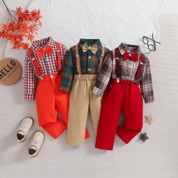 Hot Sale Autumn Boy Clothes Suit for Kids Gentleman Christmas Dress Plaid Shirt + Pants Children Long Sleeves Outwear