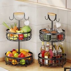 Dual Banana Tree Hanger 2-Tier Fruit Vegetable Storage Wood Lift Handle Kitchen Countertop Metal Wire Basket Potatoes Utensil