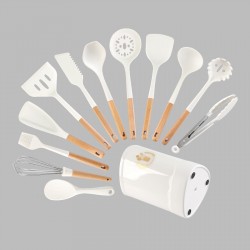 Wholesale Kitchen Accessories Non Stick Cooking Tools 13 Piece Silicone Kitchen Utensils Set White Wood Handle