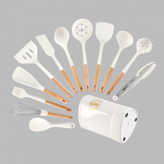 Wholesale Kitchen Accessories Non Stick Cooking Tools 13 Piece Silicone Kitchen Utensils Set White Wood Handle