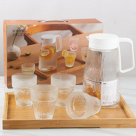 Wholesale simple design clear glass 1 piece 1100ML pot with 4 piece 200ML water milk cup set for home