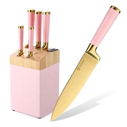 Lovely Kitchen Cooking Tool 6 Pieces High Quality Pink Colorful Handle Stainless Steel Knife Set With Knife Wood Holder