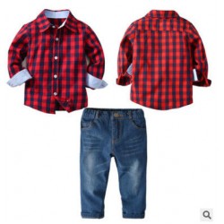 Newborn Baby Set Small Kids Cloth Wholesale Plaid Shirt Long Sleeves Beautiful Jeans 2 Pieces Boyset