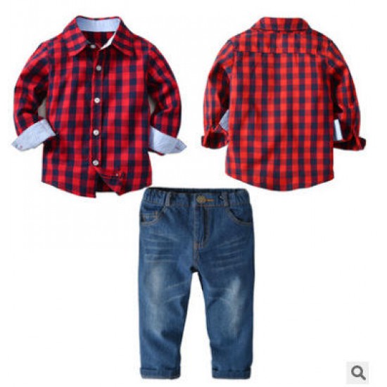 Newborn Baby Set Small Kids Cloth Wholesale Plaid Shirt Long Sleeves Beautiful Jeans 2 Pieces Boyset