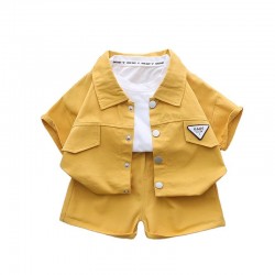 Conyson high quality fashion summer Boy kids short sleeve baby solid color Clothing suit wholesale cotton 2 PIECE clothes set