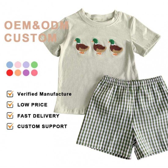 Mallard ducks french knot Baby toddler boy clothes children summer cute embroidery designs shorts set boys boutique outfit