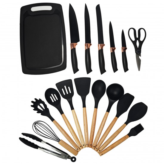 Custom Logo 19-Piece Silicone Kitchen Utensil Set with Wooden Handle Cutting Board Funnel Type Utensils and Knife Combination