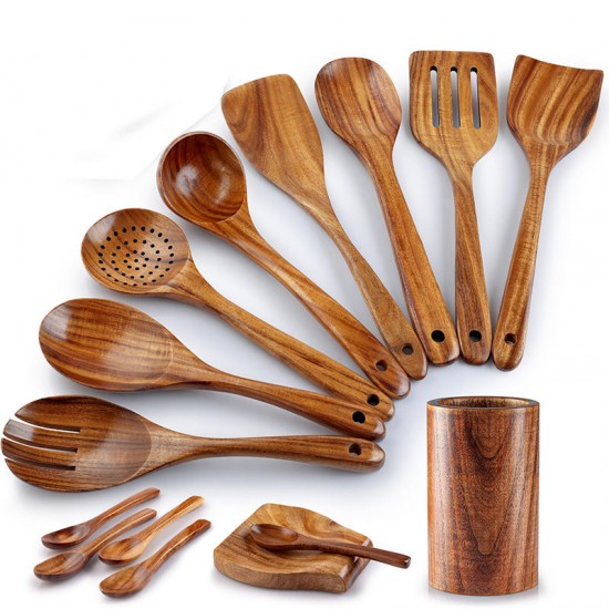 Hot Sale Kitchen Items 15 in 1 Wood Teak Wooden Cooking Turners Spoons Spatula Utensil Sets