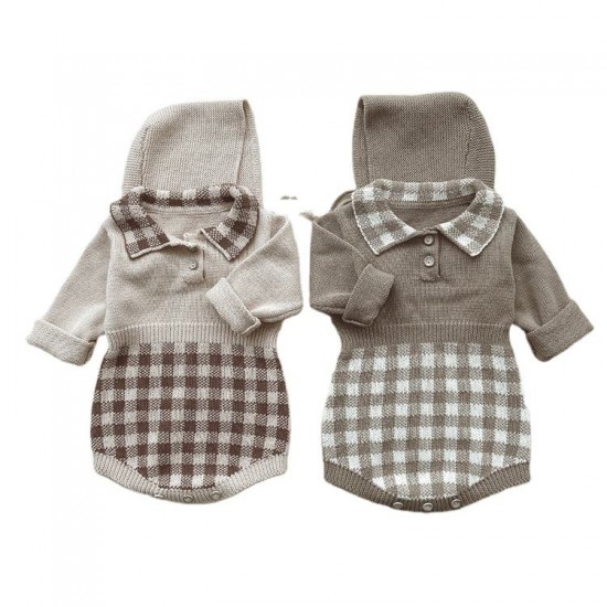 Newest ins Kids Cute Custom plaid lapel knit clothes Toddler Baby boys girls knitted Sweet Retro long sleeves bamboo baby romper