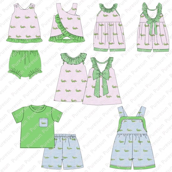 Wholesale Children Matching Boutique Outfits Puresun OEM Applique Designs Kids Clothing with Alligators Smocked