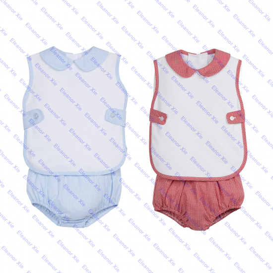 Wholesale embroidered gingham woven cotton baby boys diaper set summer toddlers infant boy clothing sets