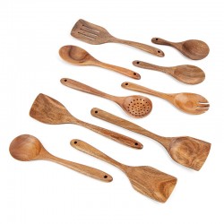 Wholesale Custom Cheap Natural Acacia Wooden Slot Spoons & Spatula Cooking Utensils sets for Kitchenware